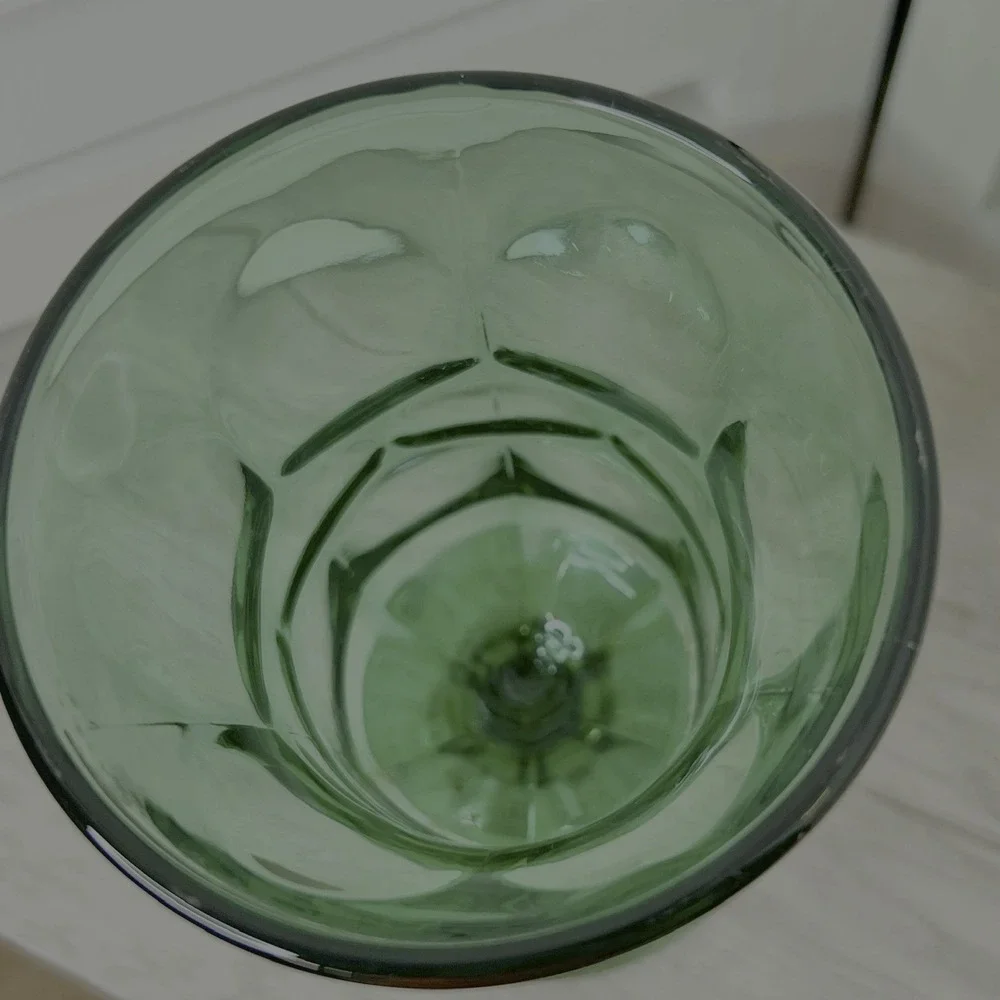 Vintage Green Pressed Glass Goblet‎ Textured Optic Panel Wine Water Glass *READ
